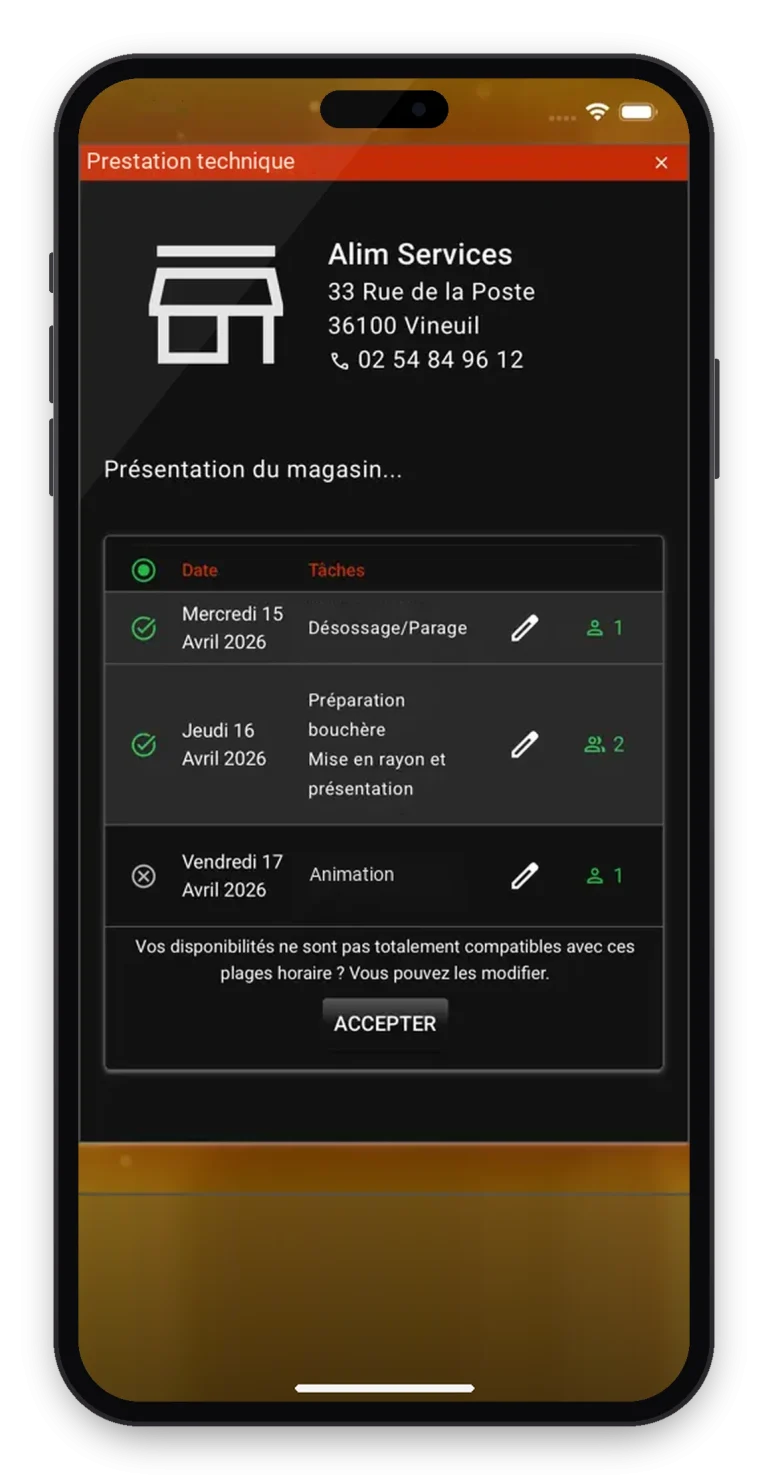 Capture de l'application Alim Services sur smartphone